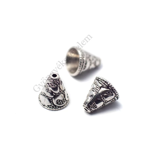 Mintás kúp gyöngykupak, antik ezüst színű, 12x13 mm
