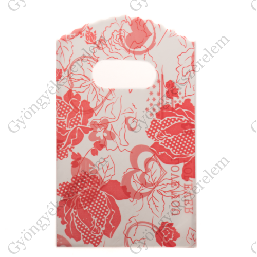 Szív mintás, piros, fehér műanyag kis tasak, táska, ajándék zacskó, 15x9 cm