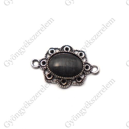 Ovális összekötő, fekete macskaszem kabosonnal, antik ezüst színű, 29x18 mm