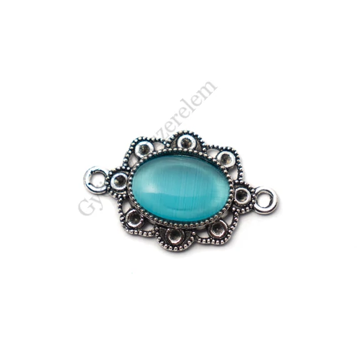 Ovális összekötő, kék macskaszem kabosonnal, antik ezüst színű, 29x18 mm