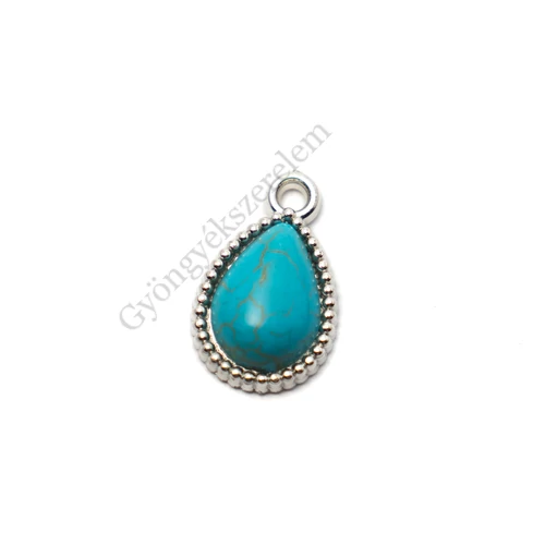 Csepp fityegő, medál imitált türkiz kabosonnal, antik ezüst színű, 21x14 mm