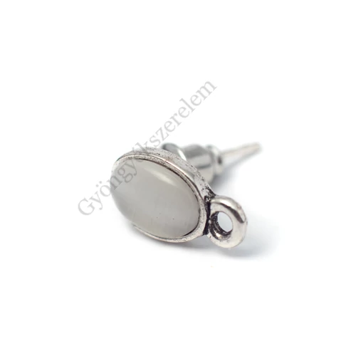Bedugós fülbevalóalap fehér macskaszem kabosonnal, antik ezüst színű, 12x7 mm