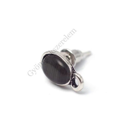 Bedugós fülbevalóalap fekete macskaszem kabosonnal, antik ezüst színű, 12x7 mm