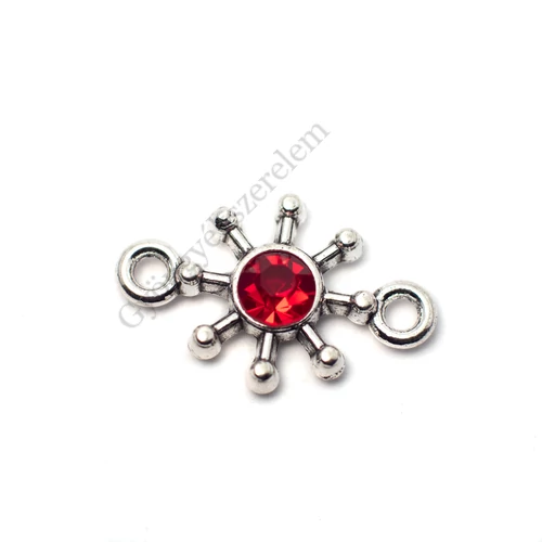 Összekötő piros strasszkővel, antik ezüst színű, 21x13 mm