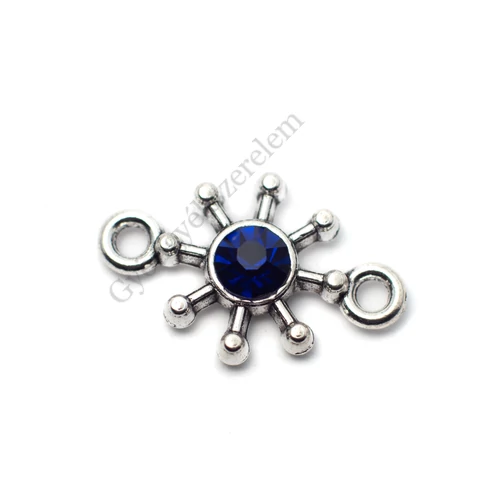 Összekötő sötétkék strasszkővel, antik ezüst színű, 21x13 mm