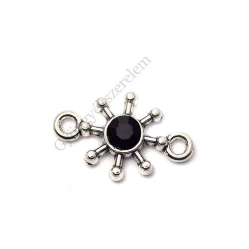 Összekötő fekete strasszkővel, antik ezüst színű, 21x13 mm