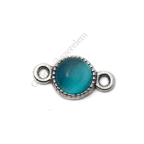 Összekötő világoskék macskaszem kabosonnal, antik ezüst színű, 18x10 mm
