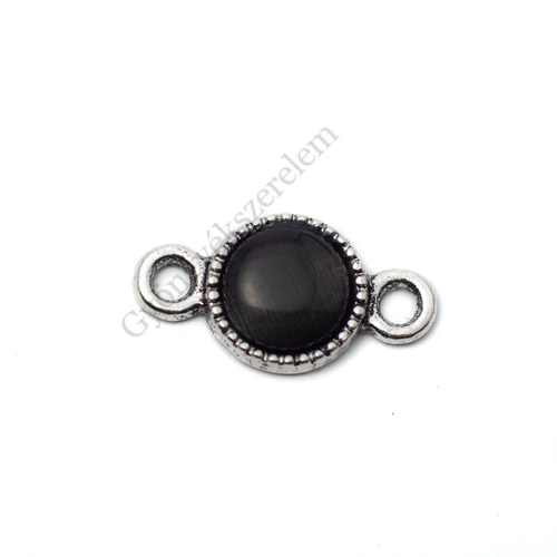 Összekötő fekete macskaszem kabosonnal, antik ezüst színű, 18x10 mm