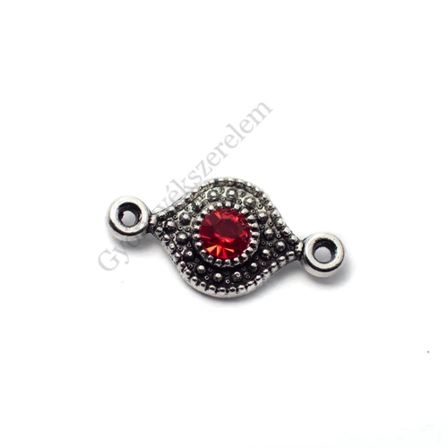Összekötő piros strasszkővel, antik ezüst színű, 16x8 mm