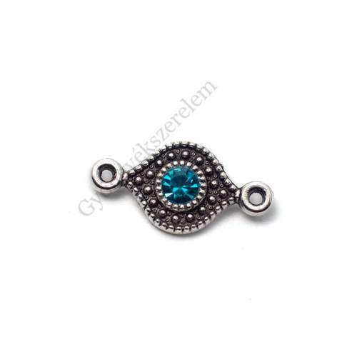 Összekötő világoskék strasszkővel, antik ezüst színű, 16x8 mm