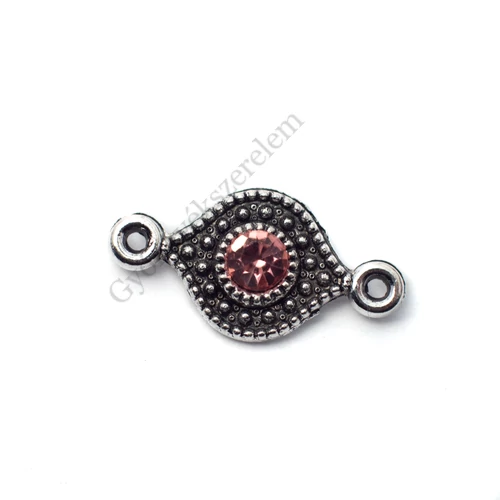 Összekötő rózsaszín strasszkővel, antik ezüst színű, 16x8 mm