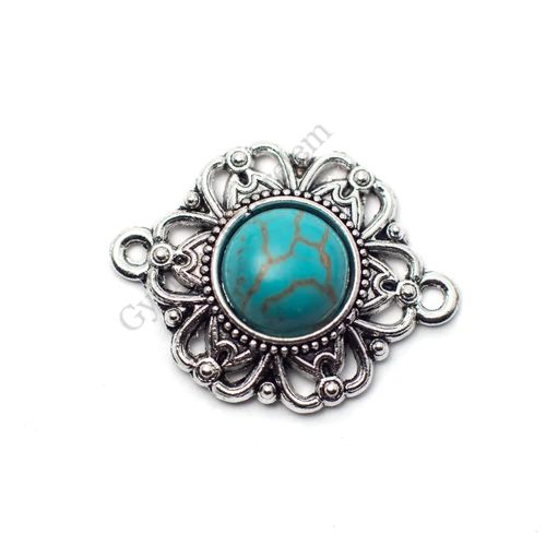 Összekötő imitált türkiz kabosonnal, antik ezüst színű, 28x22 mm