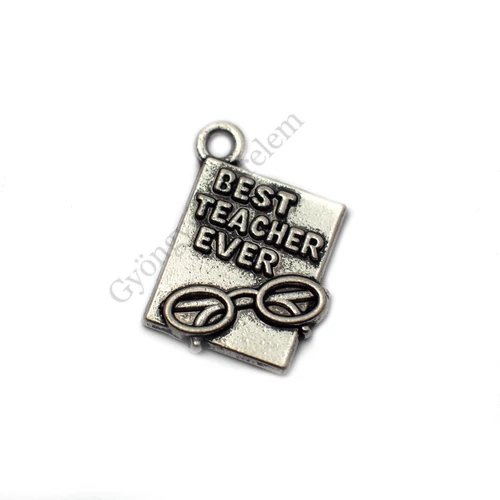 Legjobb tanár Best teacher feliratos fityegő medál, antik ezüst színű, 18x13 mm