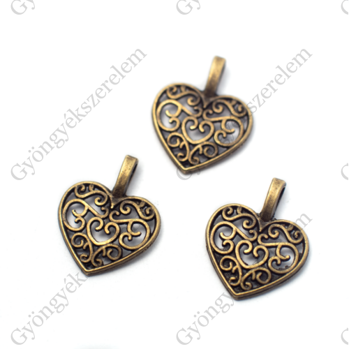 Díszes szív fityegő, medál, antik bronz színű, 16x15 mm