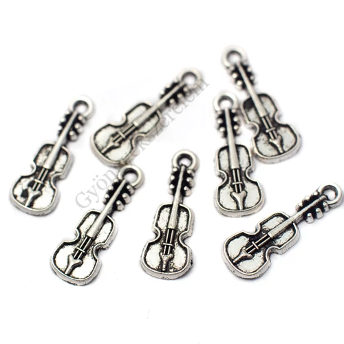 Hegedű, hangszer fityegő, medál, antik ezüst színű, 20x8 mm