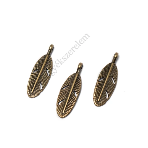 Levél, toll fityegő, medál, antik bronz színű, 29x9 mm
