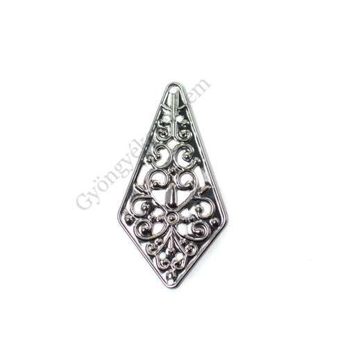 Rombusz összekötő, medálalap, fülbevalóüalap, fityegő, medál, antik ezüst színű,  45x24 mm