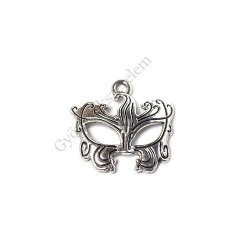 Maszk, álarc fityegő medál, antik ezüst színű, 23x22 mm