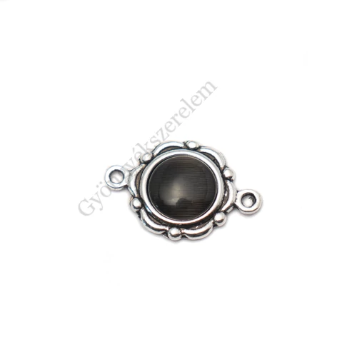 Összekötő fekete macskaszem kabosonnal, antik ezüst színű, 23x15mm