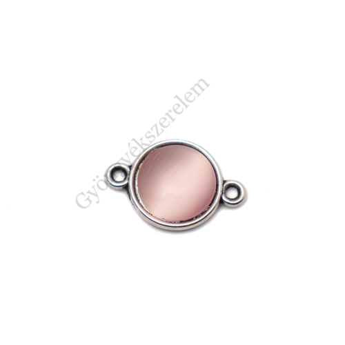 Összekötő rózsaszín macskaszem kabosonnal, antik ezüst színű, 18x12 mm