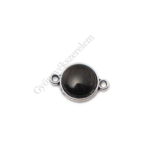 Összekötő fekete macskaszem kabosonnal, antik ezüst színű, 18x12 mm