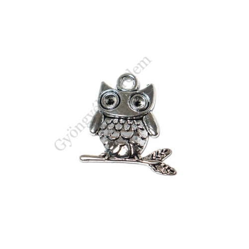 Bagoly fityegő, medál, antik ezüst színű, 25x22 mm