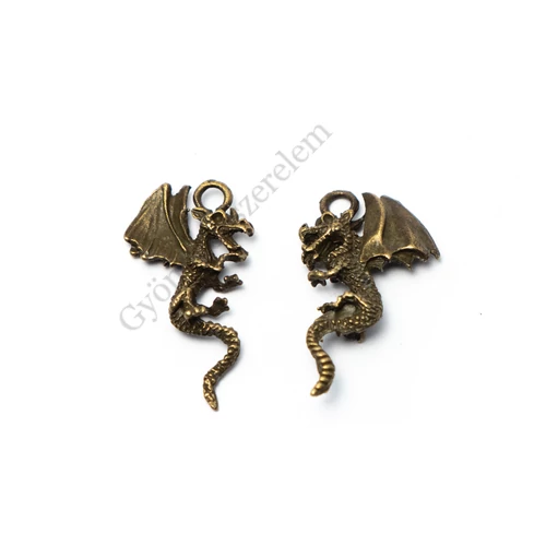Sárkány 3D fityegő, medál, antik bronz színű, 28x16 mm