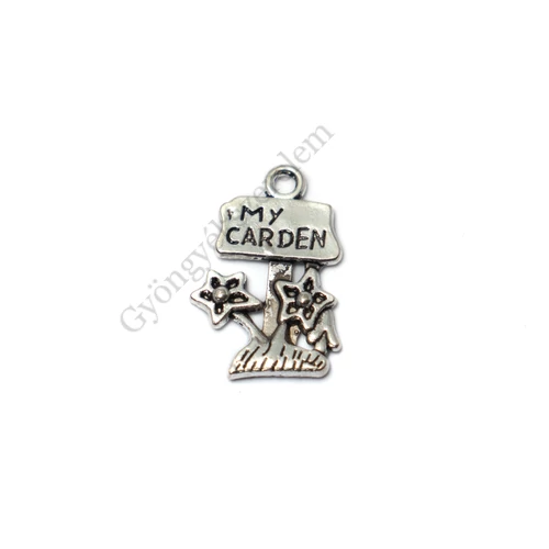 Az én kertem, kert, virág fityegő, medál, antik ezüst színű, 22x15 mm