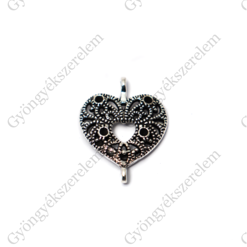 Szív összekötő, fülbevalóalap, medálalap, antik ezüst színű, 22x18 mm