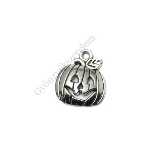 Halloween tök fityegő, medál, antik ezüst színű, 16x19 mm