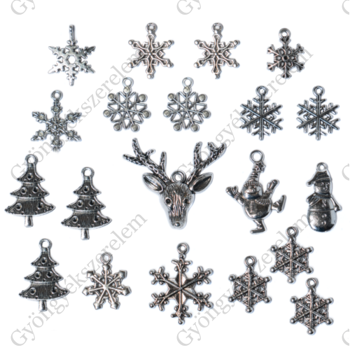Karácsony fenyő, hópihe, hóember, szarvas fityegő, medál, antik ezüst színű, 20 db/cs