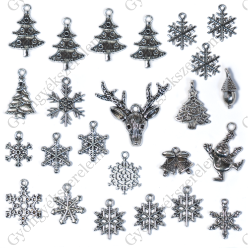 Karácsony fenyő, hópihe, hóember, szarvas, csengő, makk fityegő, medál, antik ezüst színű, 24 db/cs