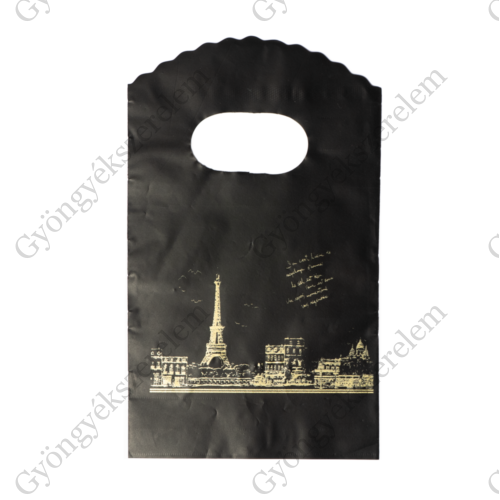 Párizs, Eiffel-torony mintás fekete műanyag kis tasak, táska, ajándék zacskó, 14,5x9 cm