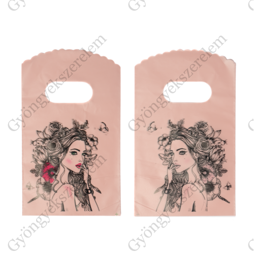 Lány, virág mintás rózsaszín műanyag kis tasak, táska, ajándék zacskó, 14,5x9 cm