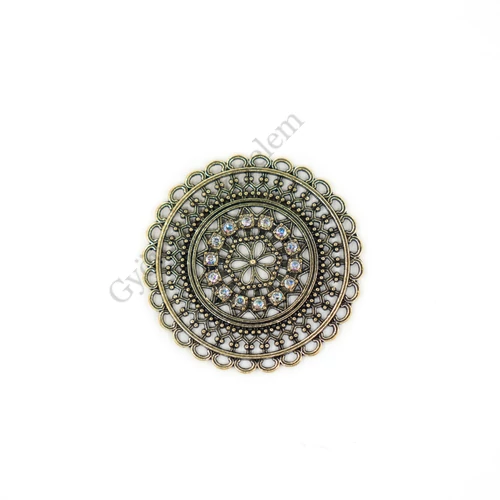 Kerek, strasszköves összekötő, medálalap, medál, antik arany színű, 34 mm