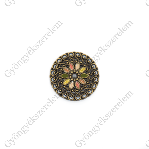 Kerek, festett, színes összekötő, medálalap, medál, antik bronz színű, 25 mm