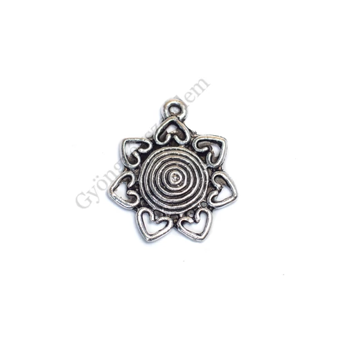 Nap, virág, szív fityegő, antik ezüst színű, 25x22 mm
