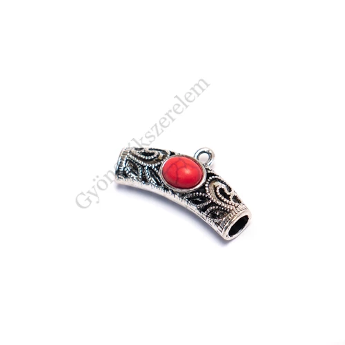 Medálakasztó, medáltartó piros türkiz kabosonnal, antik ezüst színű, 29x13 mm