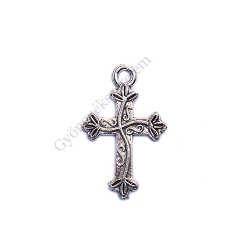 Kereszt fityegő, medál, antik ezüst színű, 24x16 mm