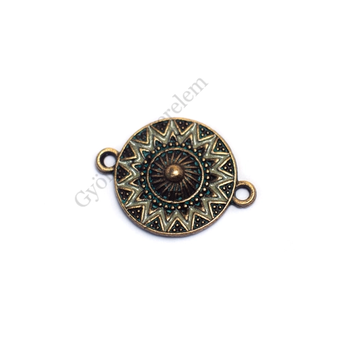 Festett, kerek medál, medálalap, összekötő, antik bronz színű, 24x18 mm