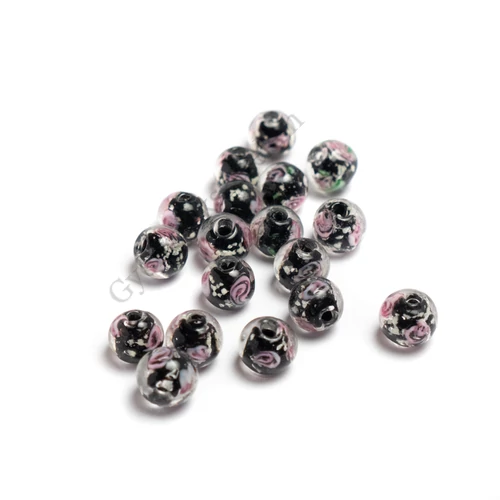 Virágos lámpagyöngy, üveg gyöngy, fekete, 10 mm