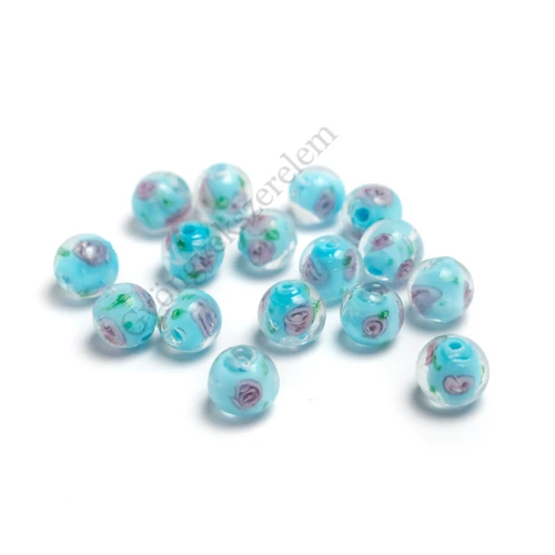 Virágos lámpagyöngy, üveg gyöngy, kék, 10 mm