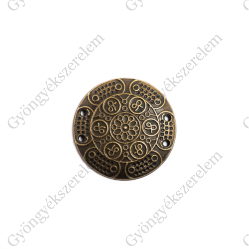 Kerek, mintás összekötő, karkötőalap, medálalap, antik bronz színű, 36x36 mm