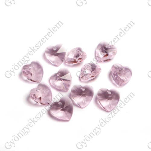 Rózsaszín szív üveg fityegő, medál, 14x14 mm