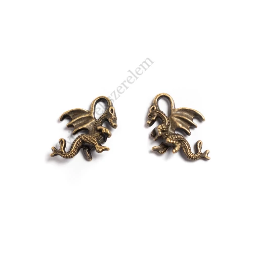 Sárkány 3D fityegő, medál, antik bronz színű, 16x16x5 mm