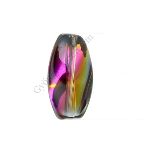 Lila, zöld színjátszó, csavart üveg gyöngy, 17x10 mm