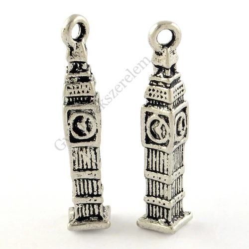 Óra torony, Big Ben fityegő, medál, antik ezüst színű, 26x5x5 mm
