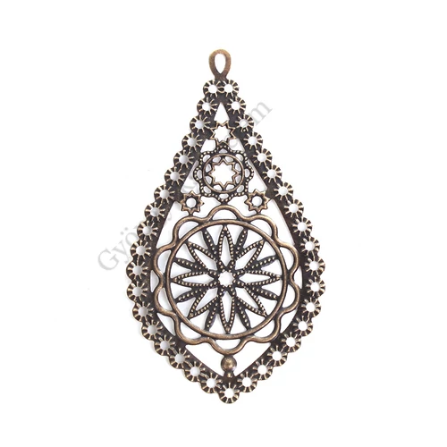 Áttört, vékony, csepp összekötő, medálalap, fülbevalóalap, antik bronz színű, 78x42 mm