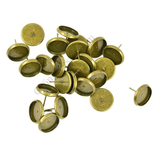 Kerek tányéros bedugós fülbevalóalap, antik bronz színű, 14x14 mm, 12 mm-es lencséhez, 1 pár/cs