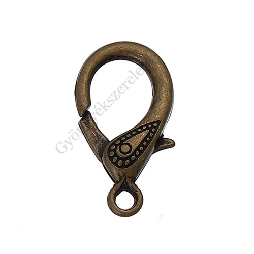 Karabíner, antik bronz színű, 31x17 mm